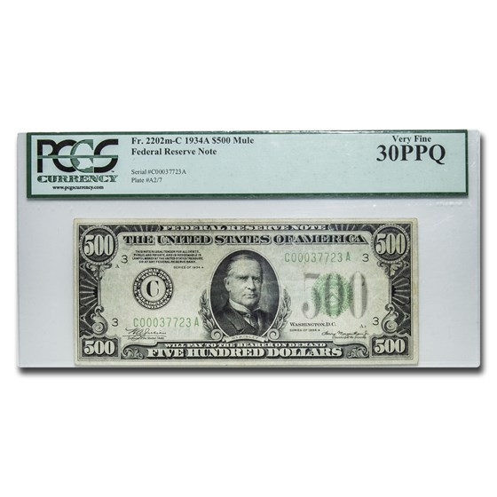 1934-A (C-Philadelphia) $500 FRN VF-30 PPQ PCGS 1934-A (C-Philadelphia) $500 FRN VF-30 PPQ PCGS